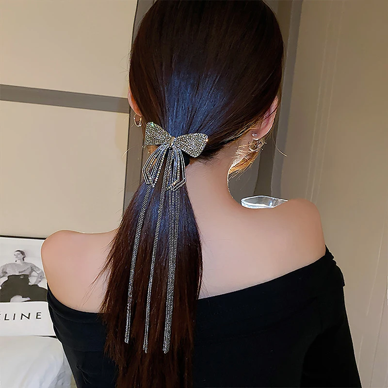 1PCS New Fashion Bow Tassel Hair Clips For Women Delicate Sparkly Rhinestone Tassel Hairpin Hair Accessories