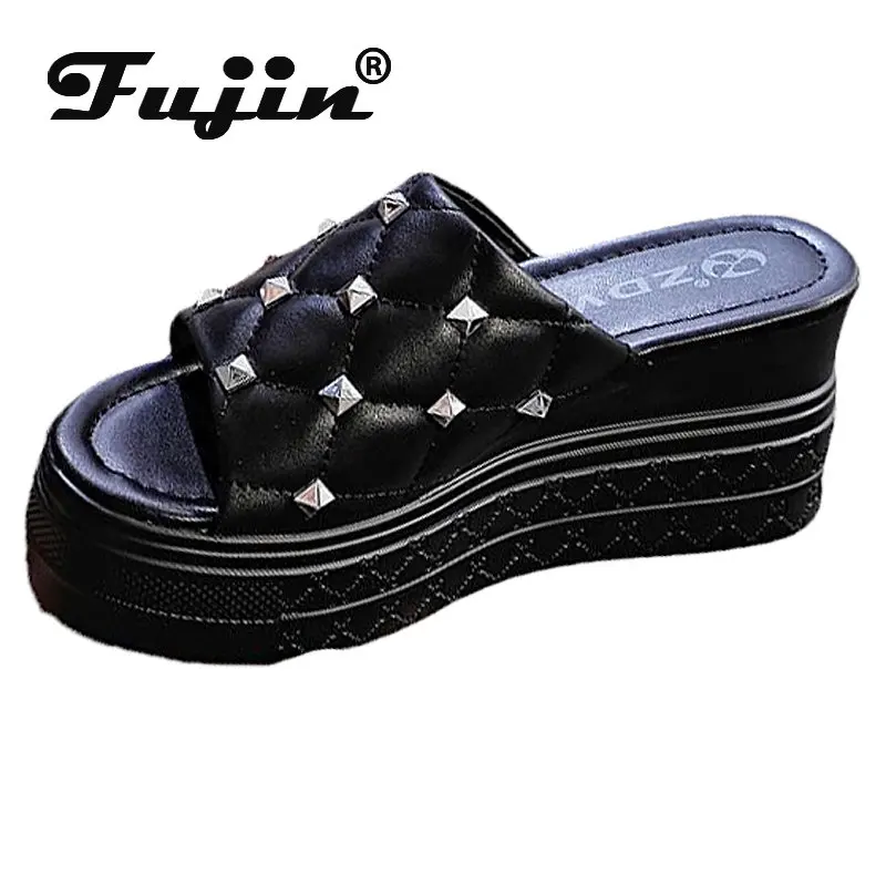 

Fujin 9cm PU Handmade Lady Breathable Summer Platform Wedge Casual Fish Toe Chunky Slippers High Brand Fashion High Heels Shoes