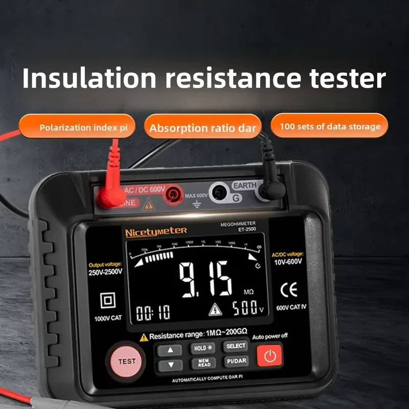 For Digital Megohmmeter Insulation Resistance Tester with 250V 500V 1000V 2000V 2500V Range High Precision Portable