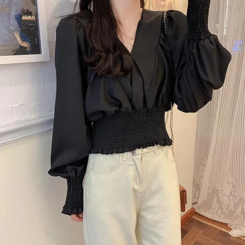 Women Autumn Korean Fashion Loose Pleated Solid Color V-neck Long Sleeve Shirts Ladies Office Lady All-match Appear Thin Tops