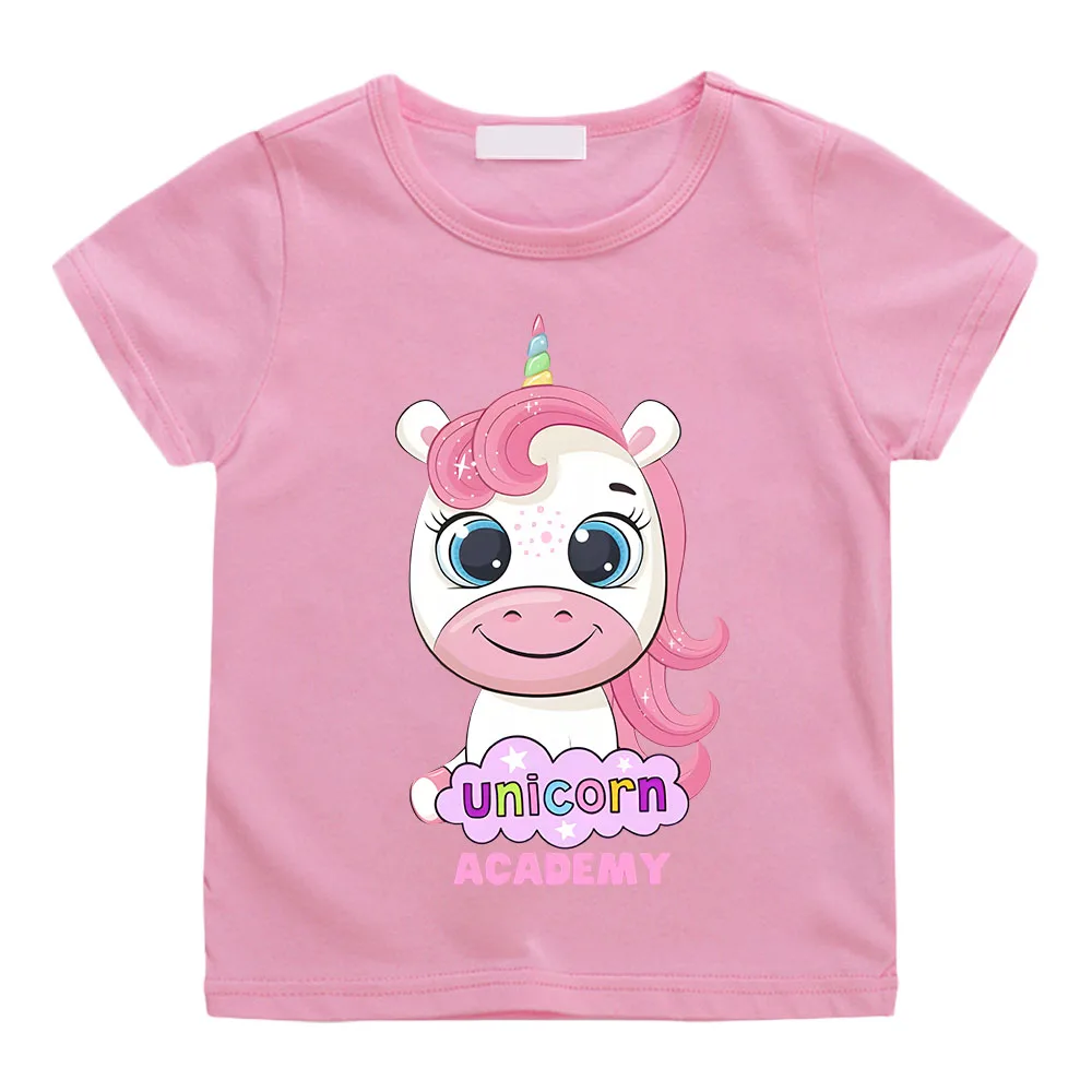 Unicorn Academy Print T-Shirt Cartoon Boys Girls Short Sleeve Tshirt Funny Round Neck Cotton Tee-shirt Футболки Summer Clothing