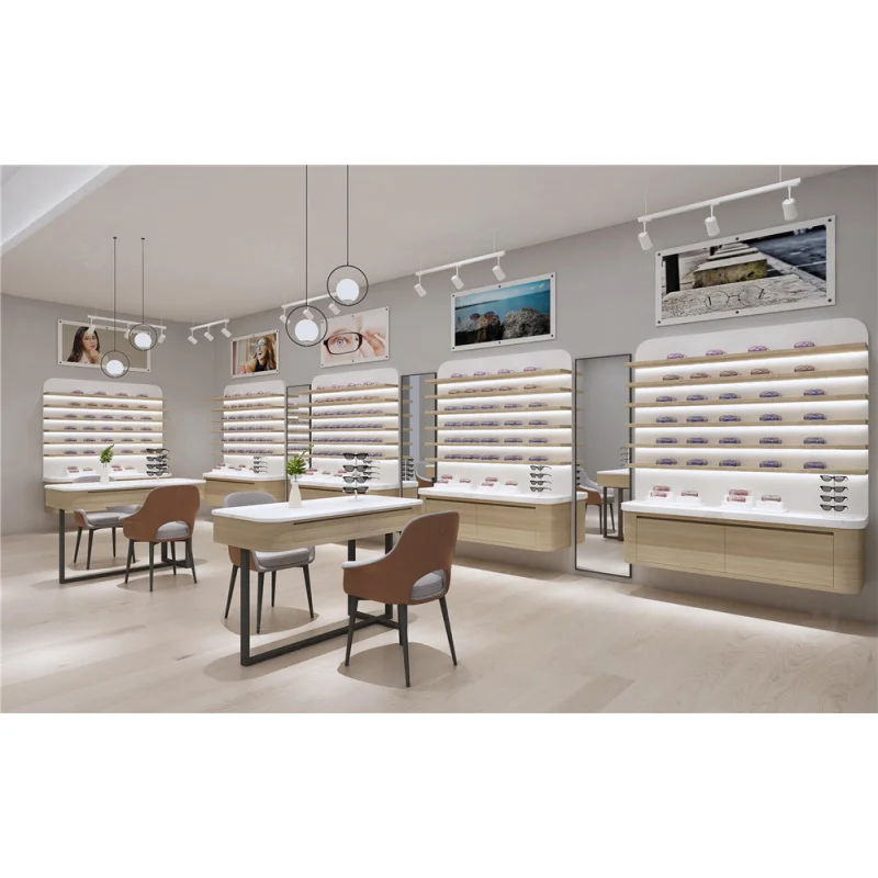 (Op Maat) Led Verlichting Op Maat Gemaakte Houten Zonnebril Winkel Met Meubels Aan De Muur Gemonteerde Houten Optische Displayplank Eyewea