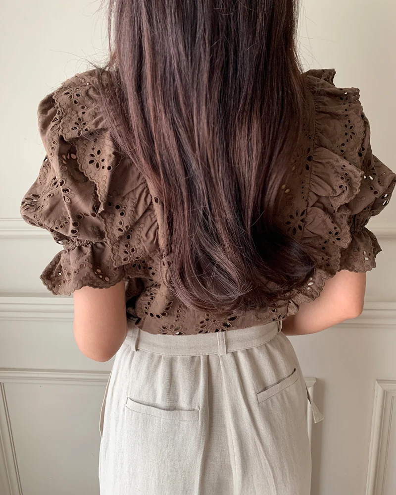 Nomikuma Korean Chic 2024 Summer French Chic Hollowed Out Hook Flower Versatile Ruffle Edge Puff Sleeve Shirt for Women