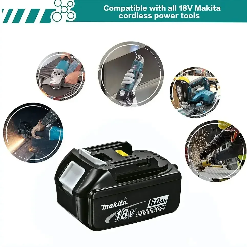 Makita-Original Lithium Ion bateria de substituição com LED, 18V, 6.0Ah, LXT, BL1860B, BL1860, BL1850, ferramenta elétrica recarregável, 6000