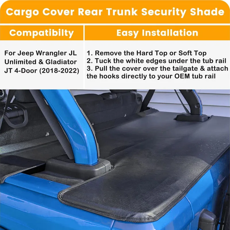 Cargo Cover Tonneau Cover Fit for 2018-2022 Jeep Wrangler JL Unlimited & Gladiator JT 4-Door Rear Trunk Security Shade Shield