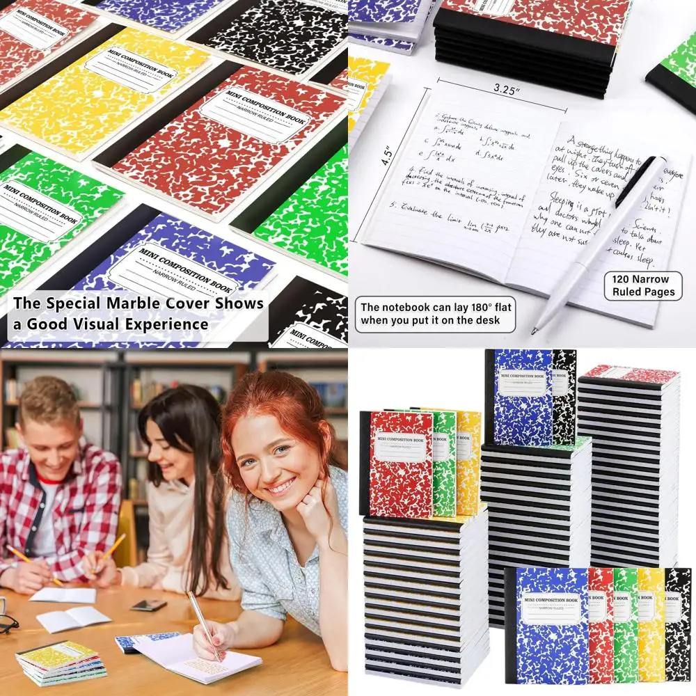 

Набор из 120 маленьких тетрадей для записей, милый дизайн, идеально подходят для студентов и учебных принадлежностей, 4,5 x 3,25 дюйма, узкая линовка, 5 мраморных обложек.