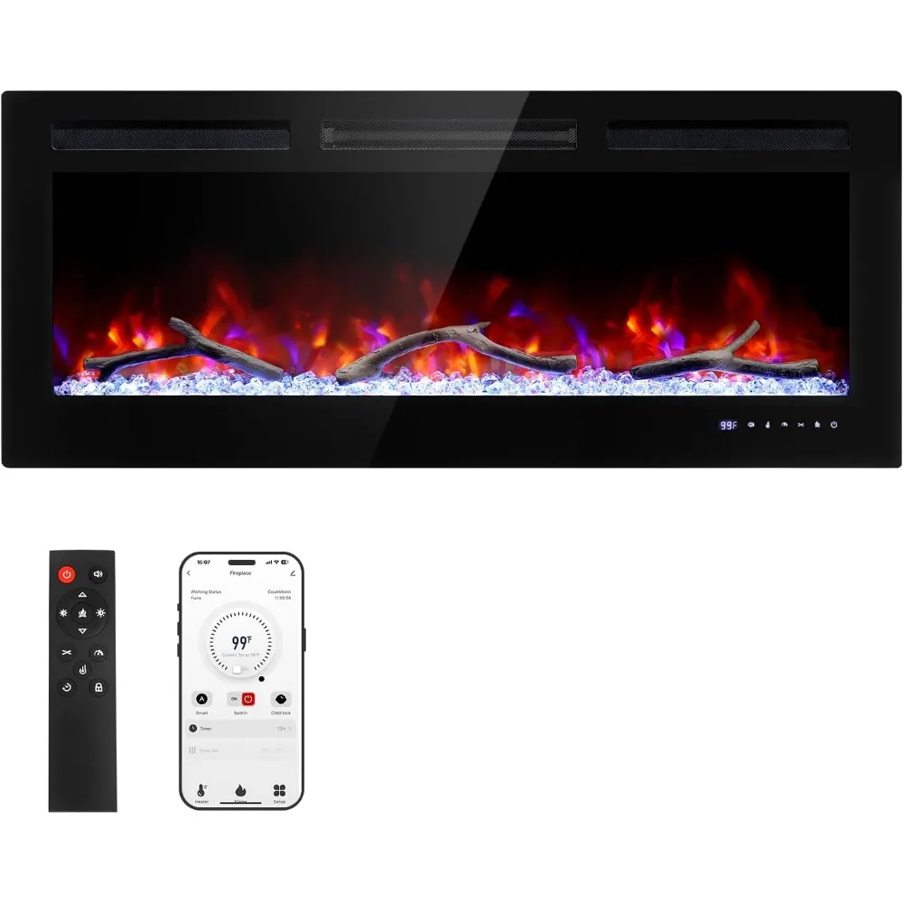 

Умный электрический каминный обогреватель с Wi-Fi, настенная и встраиваемая электрическая каминная вставка с таймером, блокировкой от детей, приложение и дистанционное управление