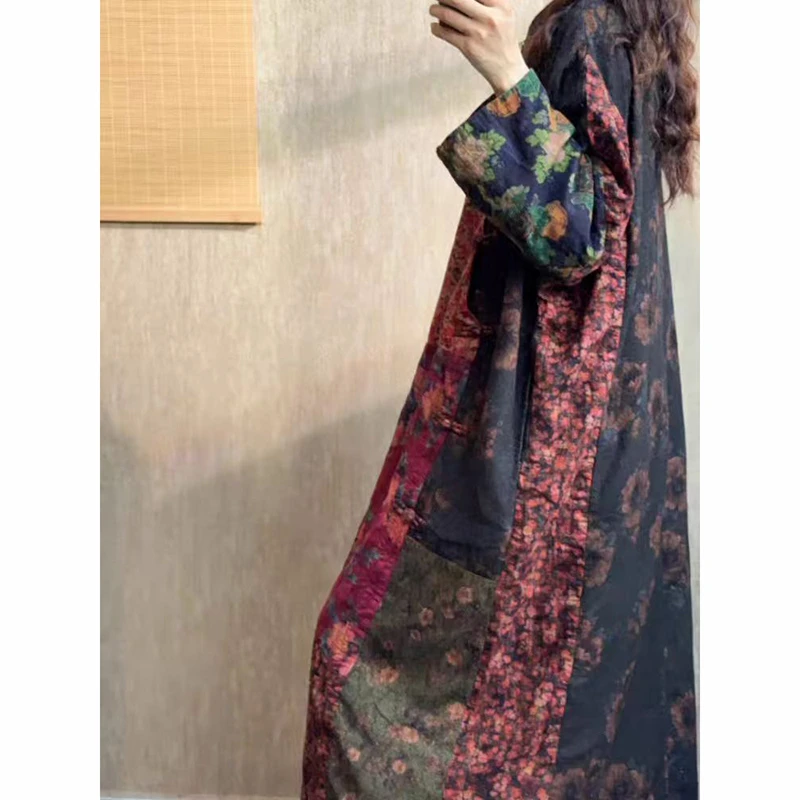 Autumn Arts Style Women Long Sleeve Loose A-line Dresses Vintage Print Patchwork Design Cotton Linen Long Dress High Quality