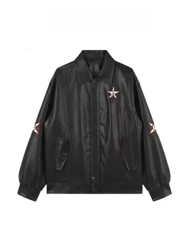 American Style Loose Fit Black Star Embroidery Leather Jacket Women's Autumn New Retro Motorcycle PU Leather Coat