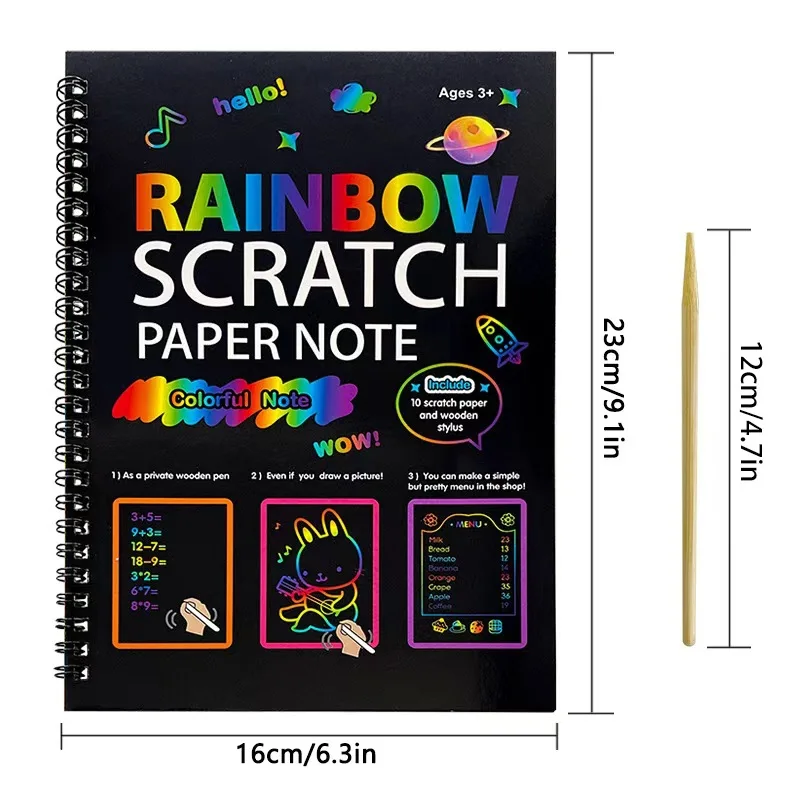 

Rainbow scratch paper notepad for children’s art book, black DIY rainbow art paper, colorful art scratch book