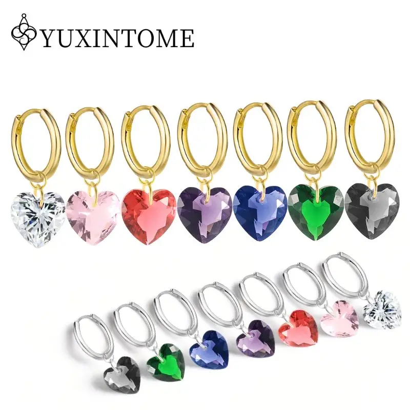 

925 Silver Needle Multi-color Heart Zircon Pendant Hoop Earrings For Women Crystal Luxury Hanging Earrings Fashion Party Jewelry