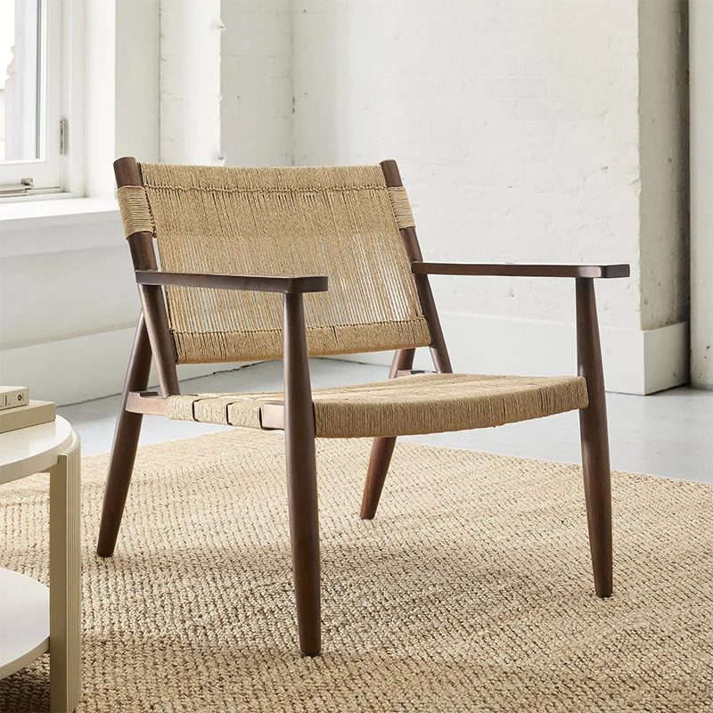 

Medieval wabi-**** wind solid wood rope chair household living room ash wood armrest sofa chair B & B balcony single chair