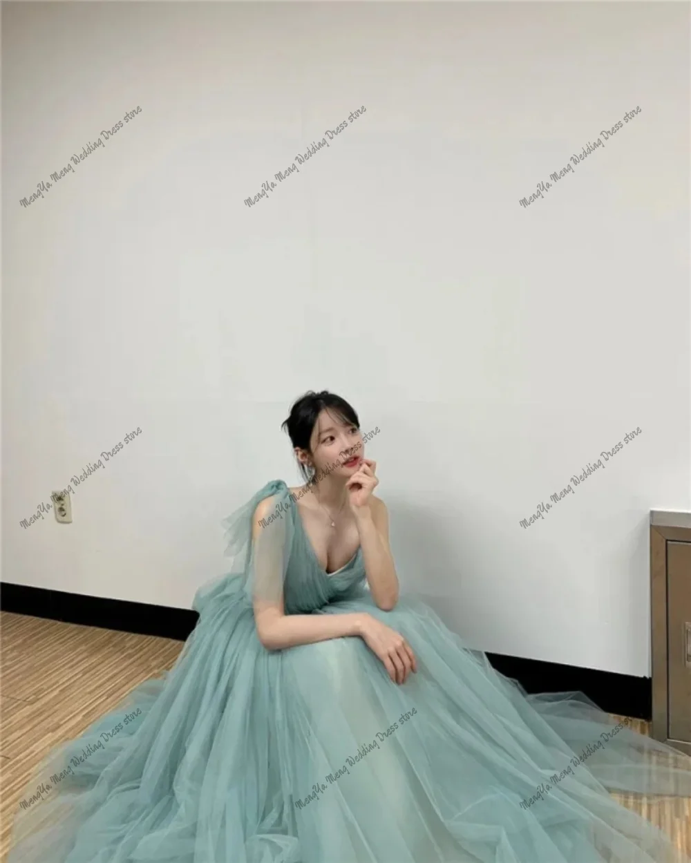 요정 Tulle Dusty Green 이브닝 드레스 한국어 레이디 웨딩 사진 촬영 파티 드레스 한 어깨 긴 파티 드레스 맞춤 제작