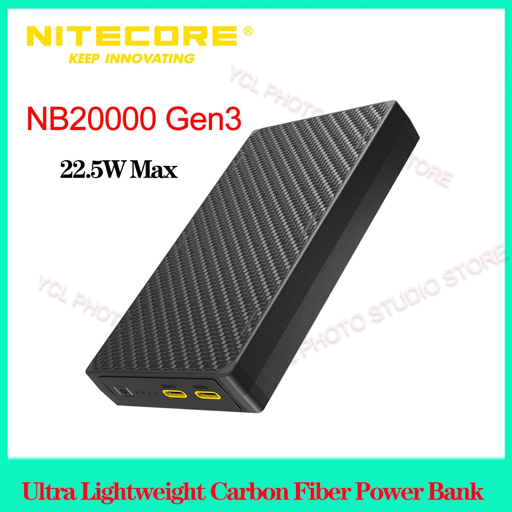 Nitecore Ultra Lightweight Carbon Fiber Power Bank NB20000 GEN3 Dual USB-C ports 18W 22.5W for Outdoor Adventures Power Support