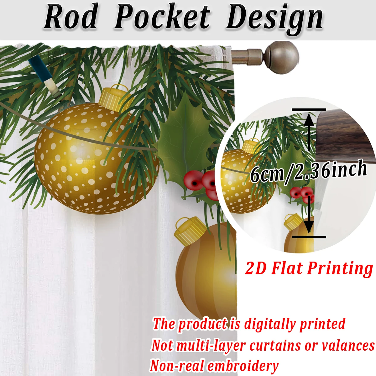 Cortina transparente con estampado plano de Navidad con bola navideña, ramas de pino de visco para decoración de sala de estar y dormitorio, fiesta navideña