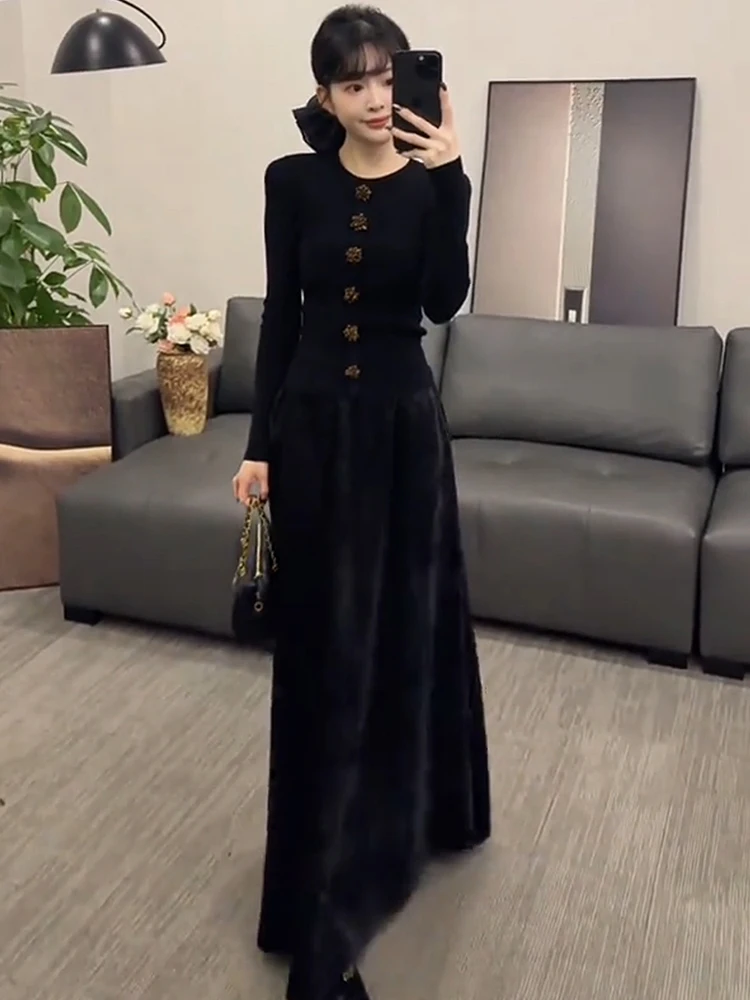 

Elegant Black Long Sleeve Top And High Waist Skirt Two Piece Set Women's Slimming Spring Fashion Casual Sportswear Ensemble