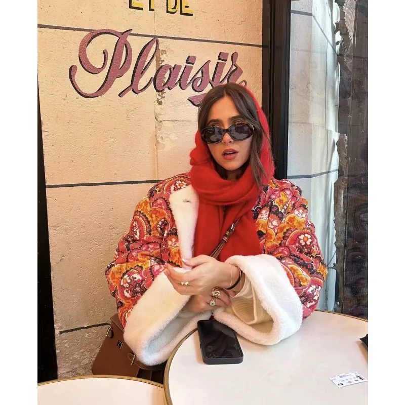 Vintage Patchwork Print Lambswool Cotton Jacket Women Winter Warm Fleece Lining New Cotton Coat Single-Breasted Long Sleeve Top