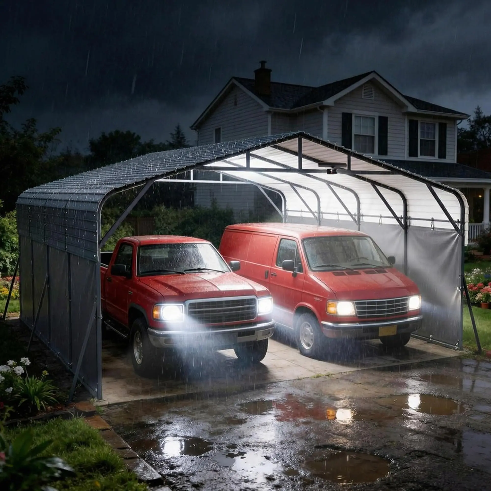 20x20 Heavy Duty Metal Carport With Solar Motion Lights, Removable Sidewalls, 2 Car Garage Shelter For RV Boat Truck All Weather