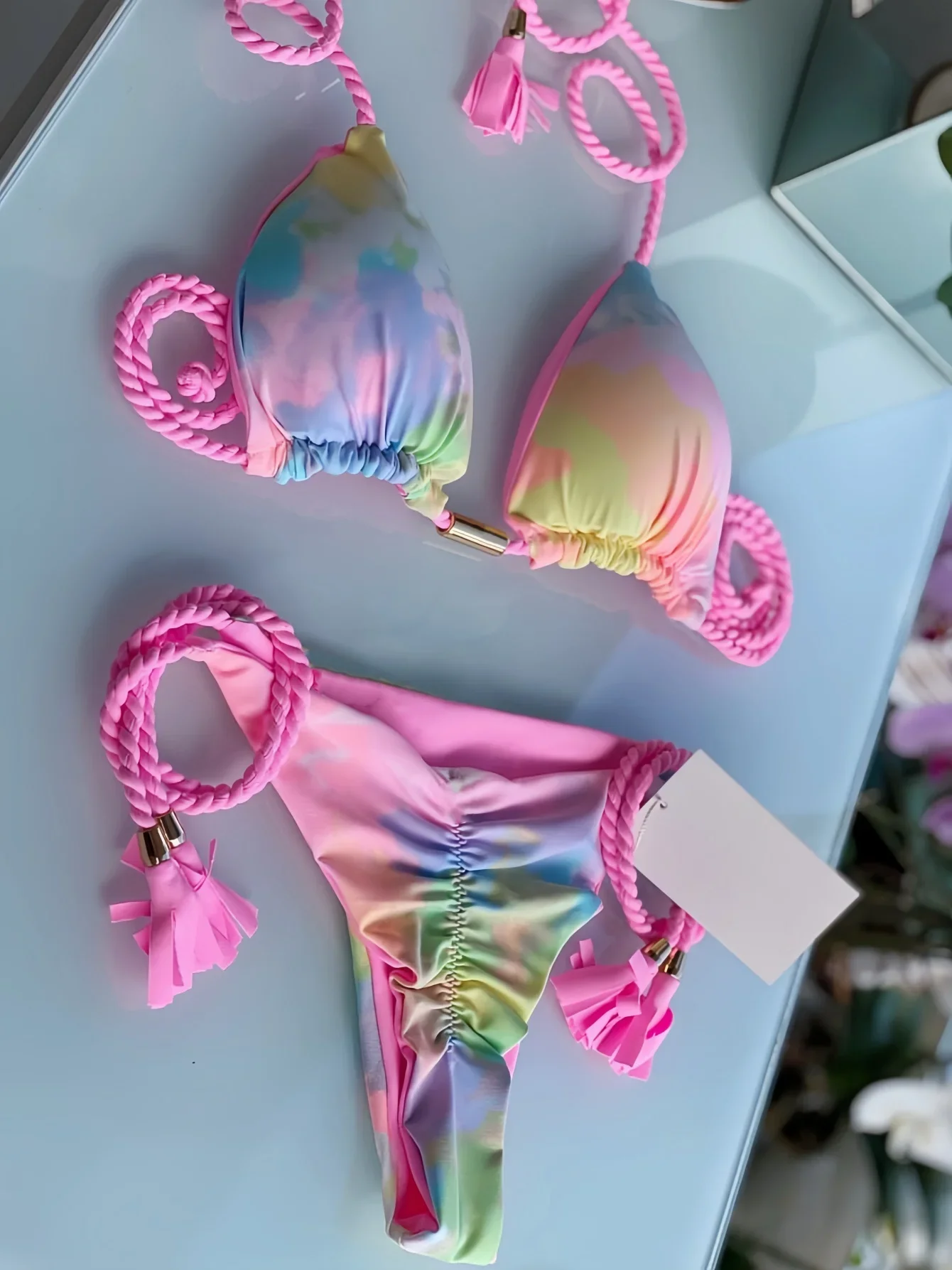 

Сексуальный женский купальник, плетение веревки, бандажный комплект бикини, комплект из двух частей, треугольный купальник, купальный костюм, бразильские бикини