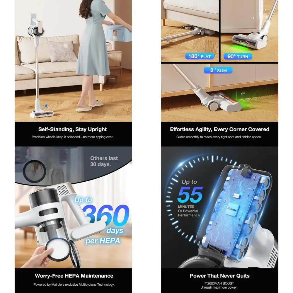 

Wireless Lightweight Vacuum Cleaner, 55-Minute Battery, Strong Suction, LED Light, Multi-Surface Pet Hair Remover