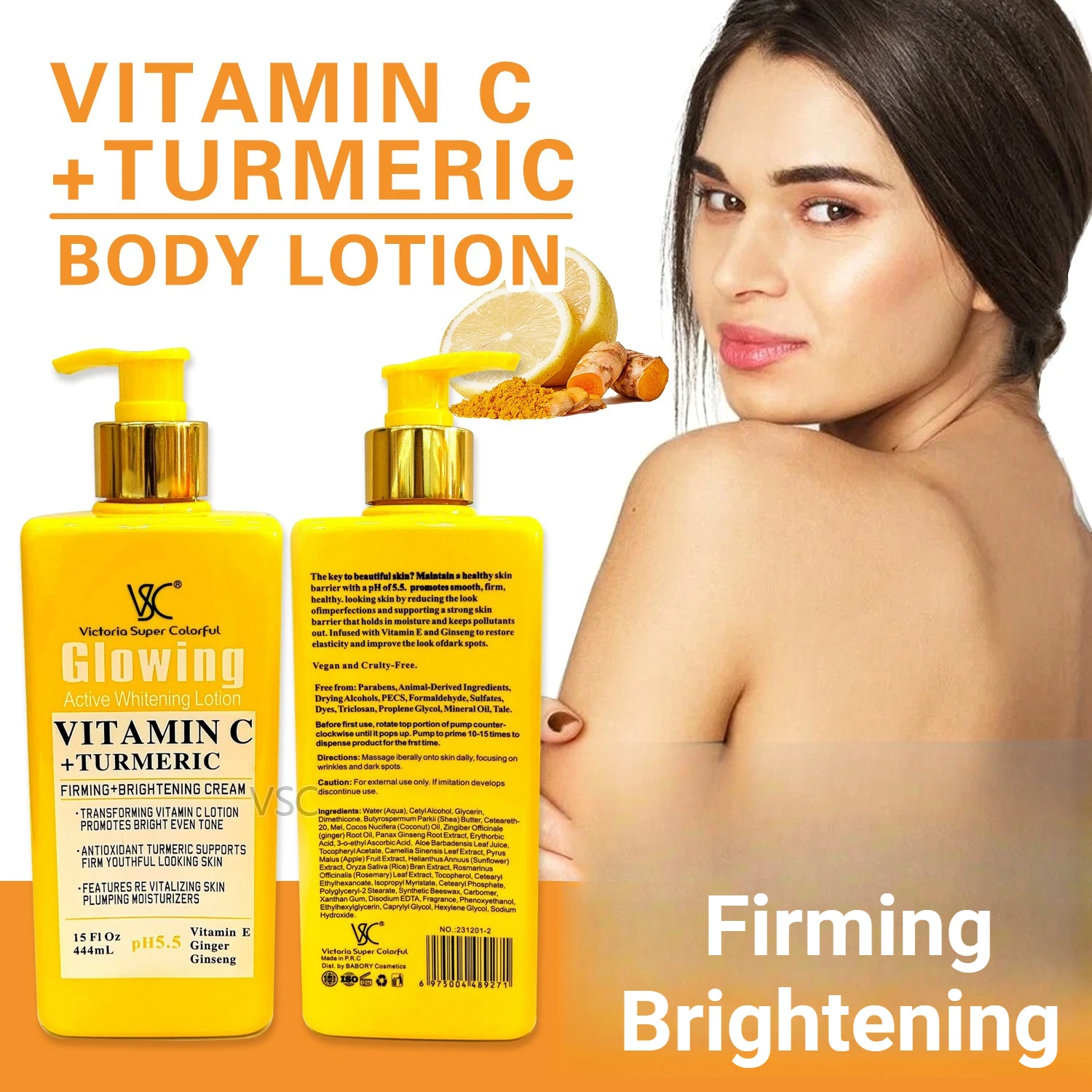 444ml Vitamin C Turmeric Body Lotion Firming Brightening Moisturizing Nourishing Soften Rough Dry Skin Repair Body Care Cream