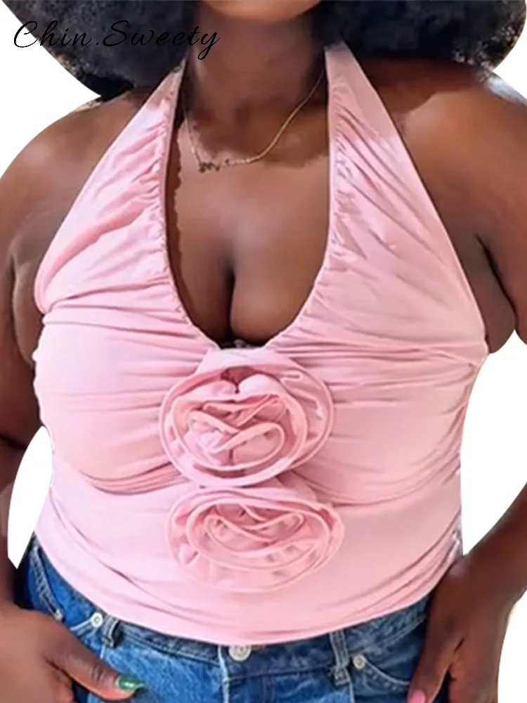 Casual 3d flor halter ruched camisa feminina sólida com decote em v sem mangas magro colheita topos feminino 2025 primavera verão senhora chique colete novo