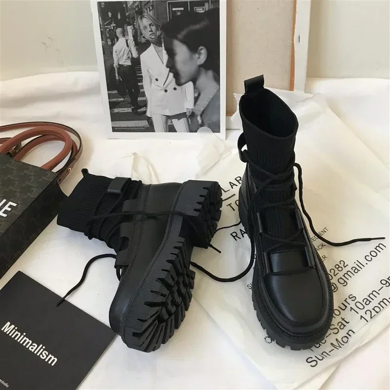 

2024 New Women Motorcycle Boots Ladies Casual Stretch Fabric Socks Boots Fashion Cross-tied Women Shoes Platform Boots Gothic