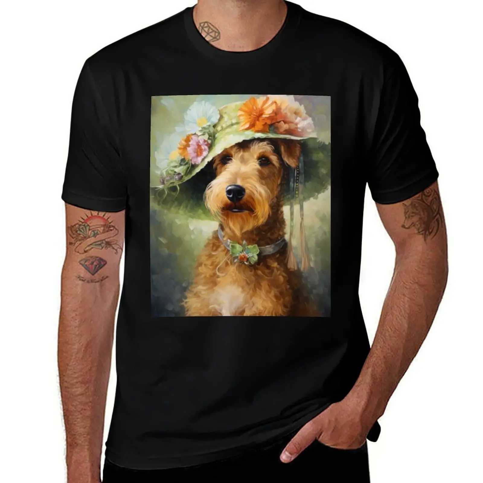 Airedale Terrier Lady with Flowers Hat Dog Art in Old Retro Vintage T-Shirt funny meme t-shirts anime figures men tshirt