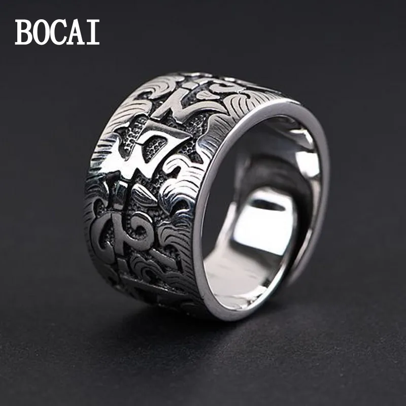 

BOCAI NEW S925 Silver Retro Grand Om Mani Padme Hum Opening Ring Men's Style Gift