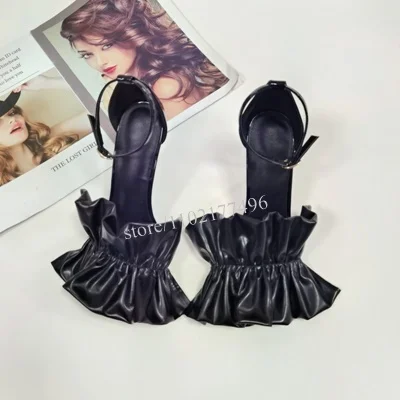Fringe Black Leather Cloth Ruffle Crinkle Pumps Buckle Cover Heel Sandals Patent Hollow Branded Stiletto Round Toe Concise Shoes