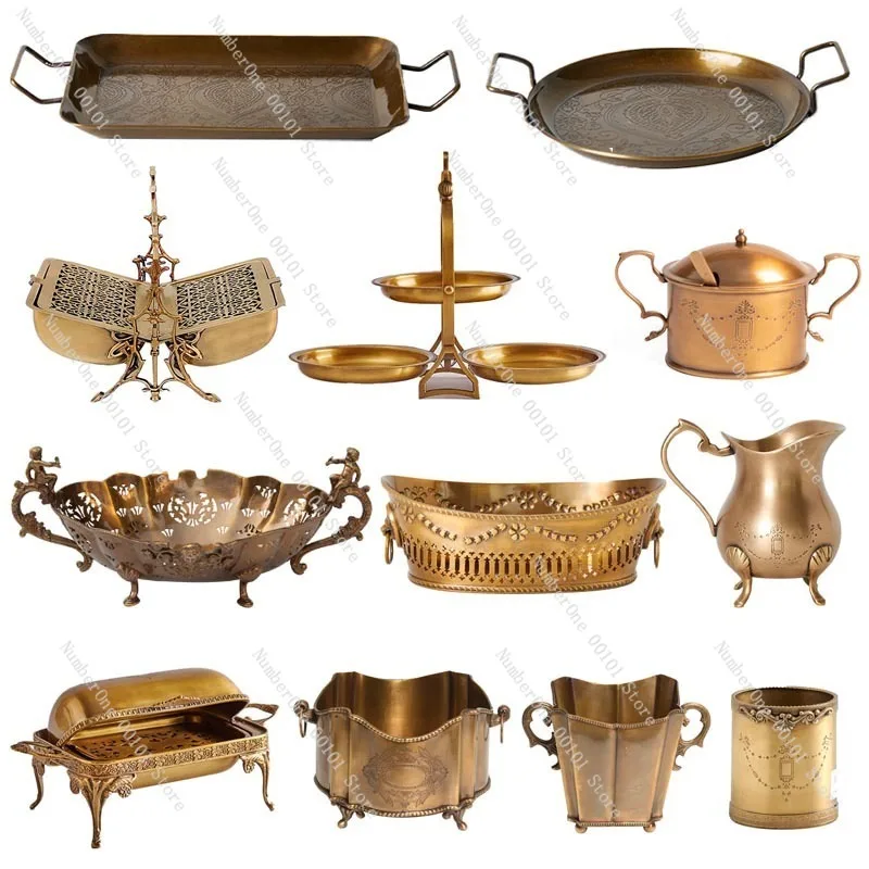 Elegant European Gold Openwork Embossed Serving Tray French Palace Style Double Handle Fruit Bowl Brass Vase Jar Luxury