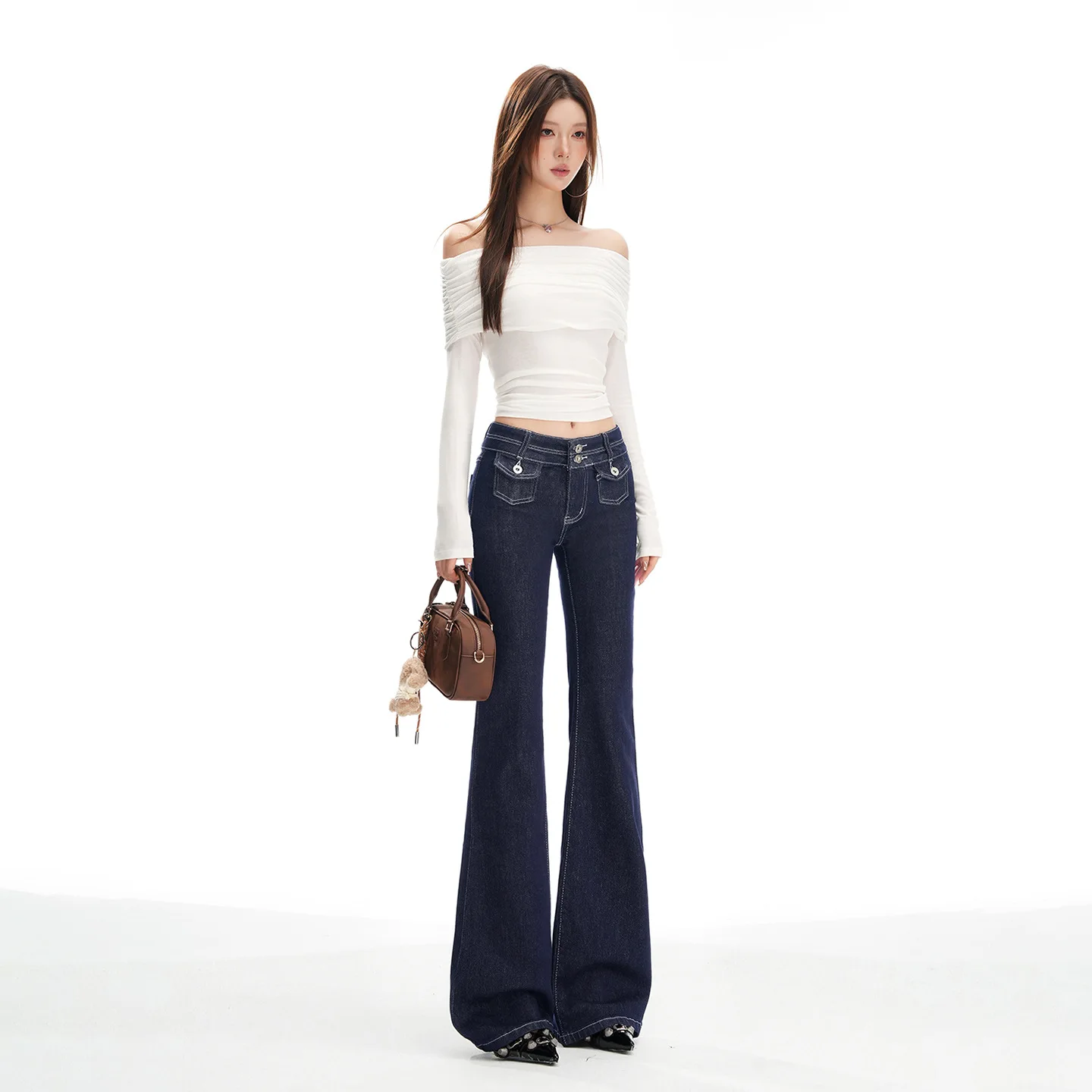 Dark Blue Low Waist Jeans For Women, Autumn Design, Stretchy Hot Girl Flared Floor-Length Pants
