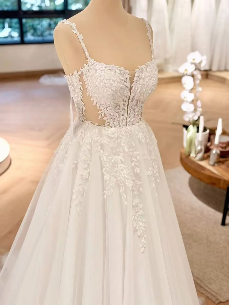Spaghetti Straps A‑Line Wedding Dress Lace Appliques Sheer Side Cutout Tulle Bridal Gown Court Train Custom Size Custom Made