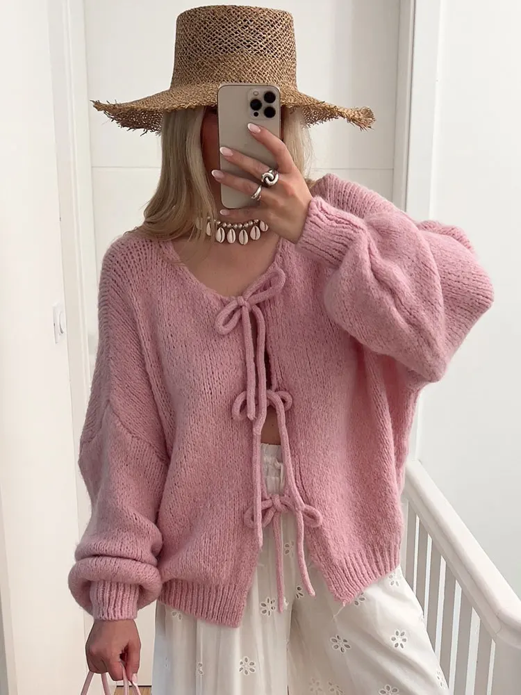 Autumn/Winter New Lace Up Cardigan Women Tops Long Sleeve Knitted Sweater Coats Korean Fashion Jacket Blouse Female Blusa A3109