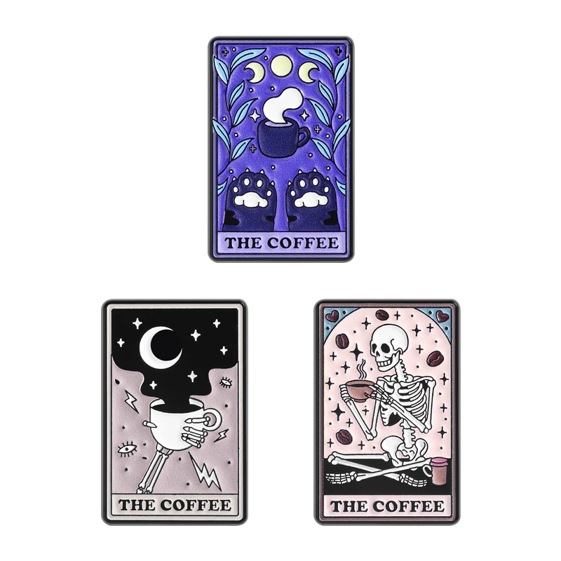 فاسق القوطية القهوة القط التارو المينا دبابيس الهيكل العظمي شرب القهوة دبابيس شارة التلبيب هالوين مجوهرات هدية للأصدقاء