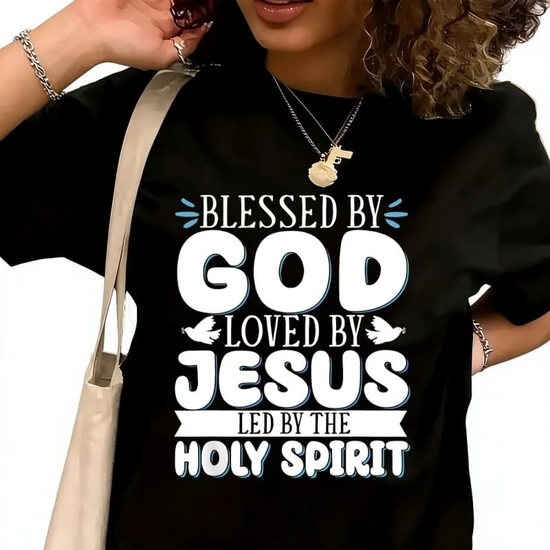 Blessed by God Loved by Jesus Women's T-Shirt 100% Cotton Funny Graphic Short Sleeve Tee Novelty Shirt Casual Crew Neck Top S-5XL