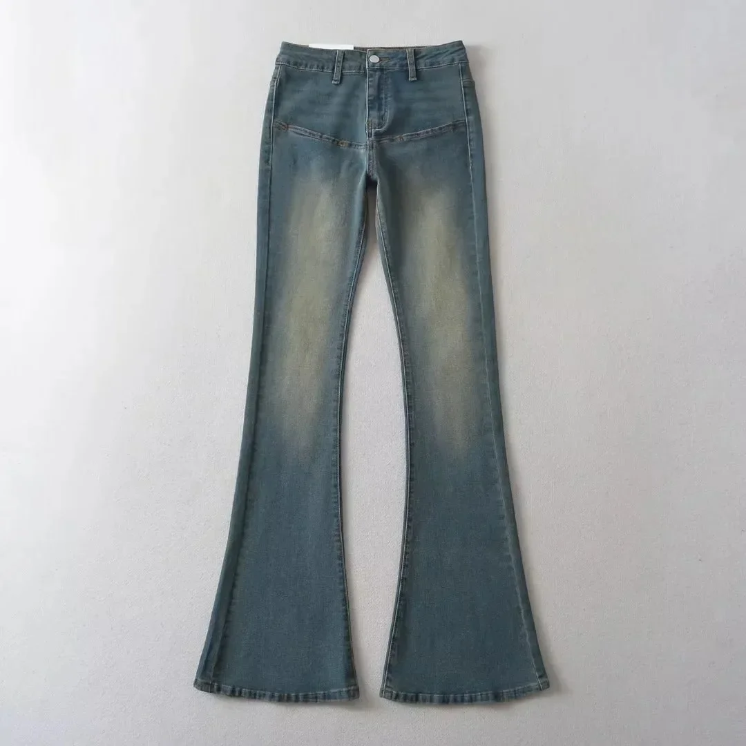 Denim Flare Pants Jeans Women 2025 Autumn Streetwear Vintage Washed Distressed High Waist Stretch Pockets Floor Length Trousers