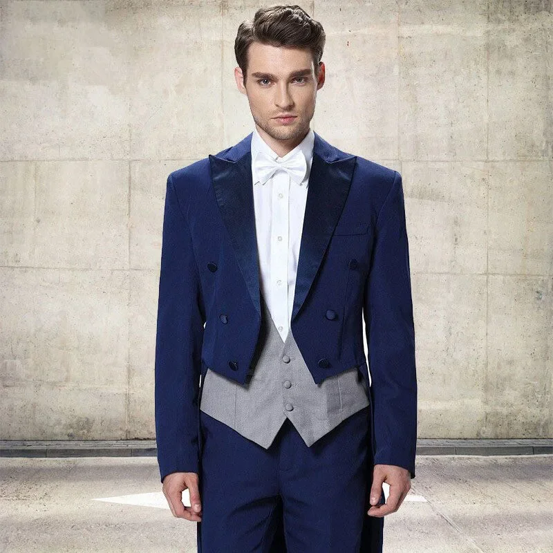 

Tuxedo Elegant Formal Men Suits Blazer Blue Double Breasted Peaked Lapel 3 Piece Jacket Pants Vest Wedding Hombres Costume