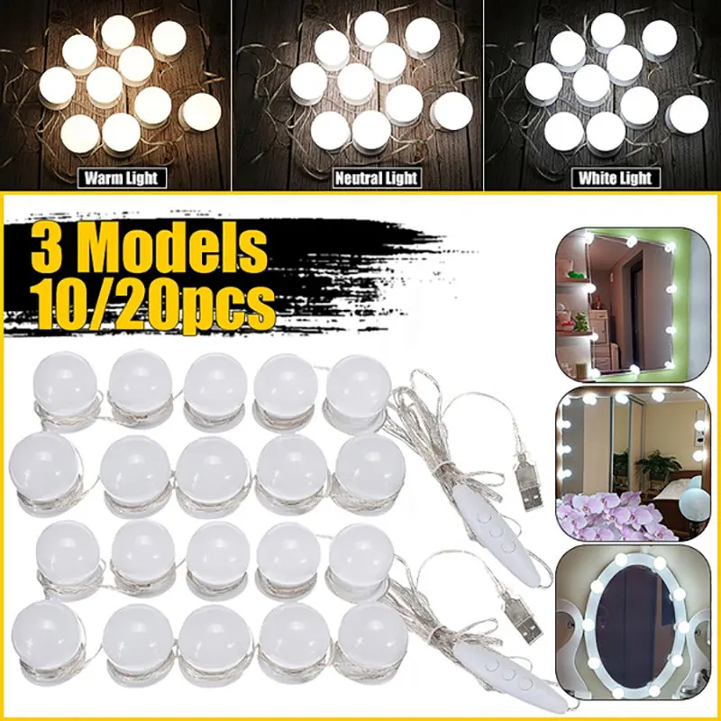 หลอดไฟ LED แบบ4/6/10ชิ้นไฟหน้ากระจกแต่งหน้าสไตล์ฮอลลีวูดหลอดไฟ LED โต๊ะเครื่องแป้งเครื่องสำอางโต๊ะเครื่องแป้งไฟหน้ากระจกแบบ USB