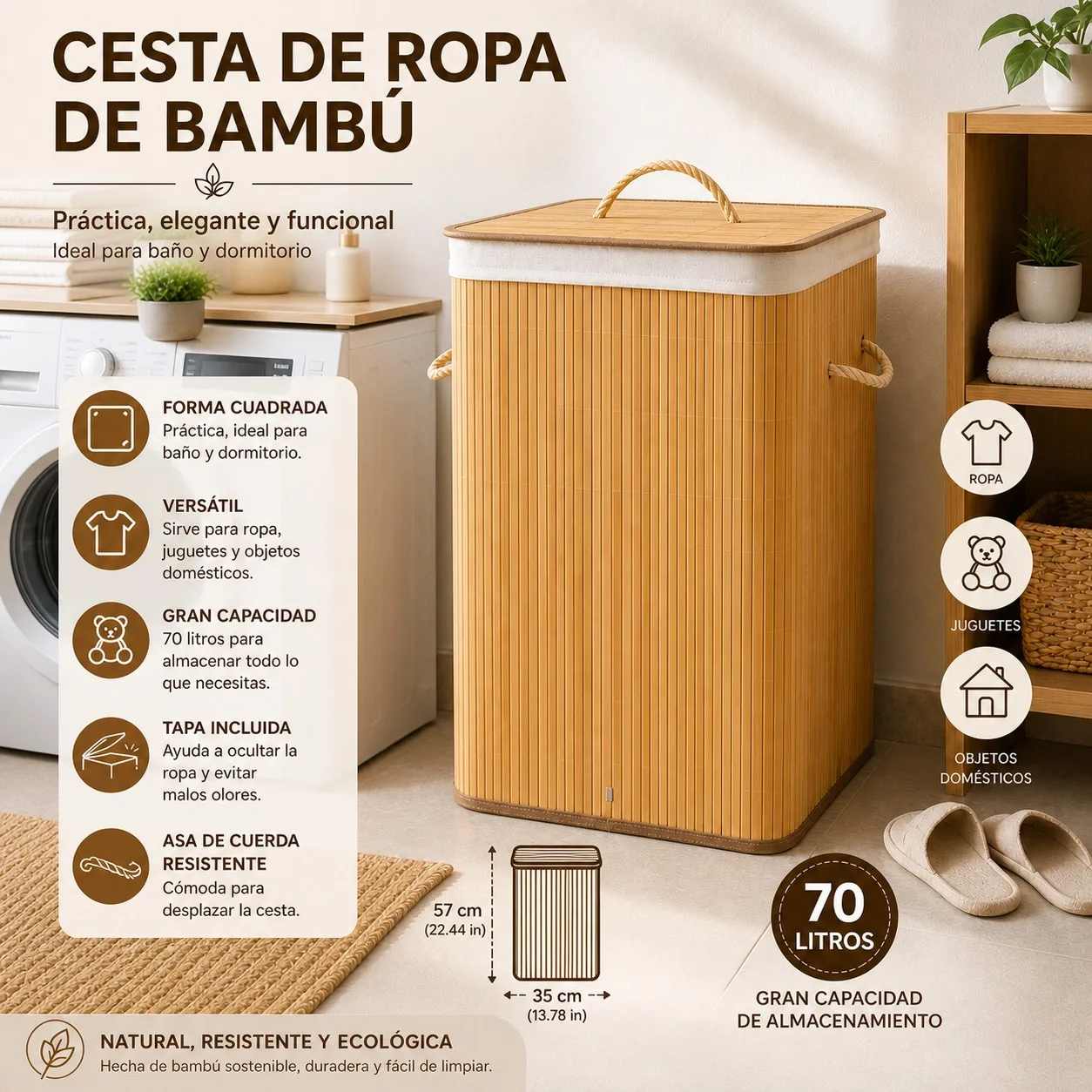Panier à linge en bambou naturel 70L avec couvercle et doublure en polyester, panier de rangement pliable avec poignées en corde pour salle de bain et chambre, rangement polyvalent 35x35x57 cm