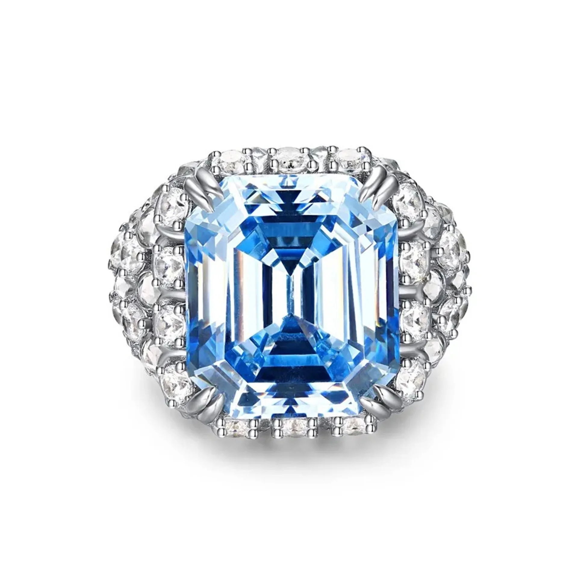 

New S925 Silver Ring 16 Carat High Carbon Diamond Sea Blue Treasure Emerald Cut Fish Scale Jewelry for Girls, Wedding Jewelry