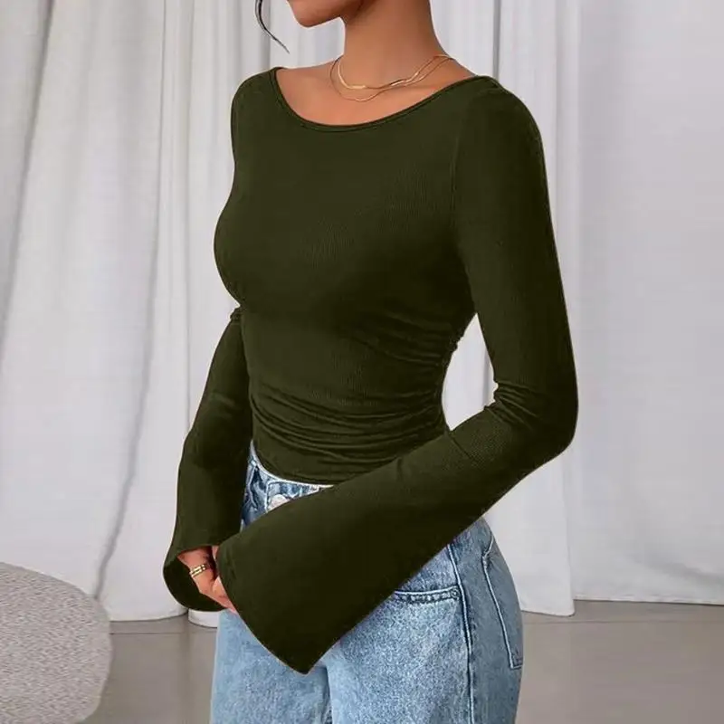 

652F Long Sleeve Shirts for Women 2026 Fall Boat Neck Ruched Sides Casual Fitted Ribbed Knit Crop Tops