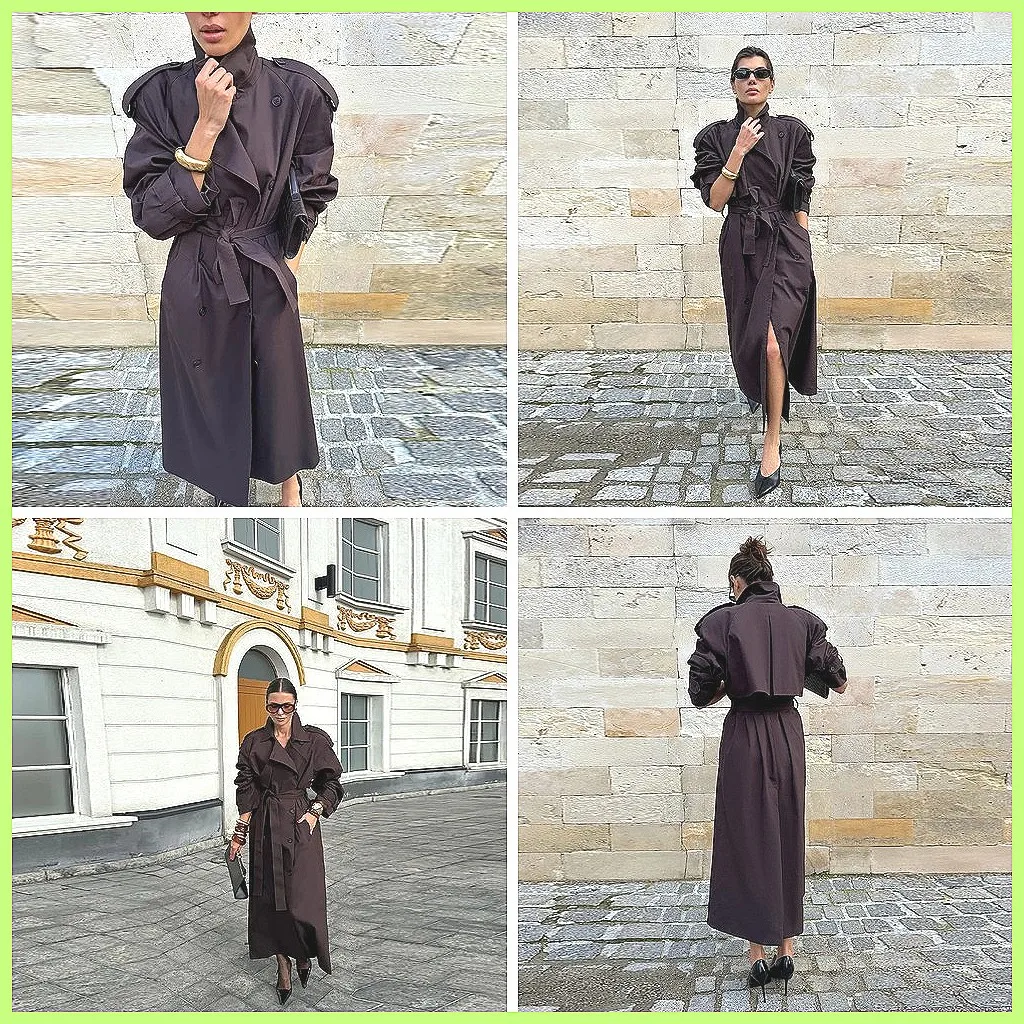 

Vintage Brown Trench Coat for Women, Autumn Long Lapel Windbreaker with Lace Up Details (Characters: 73)