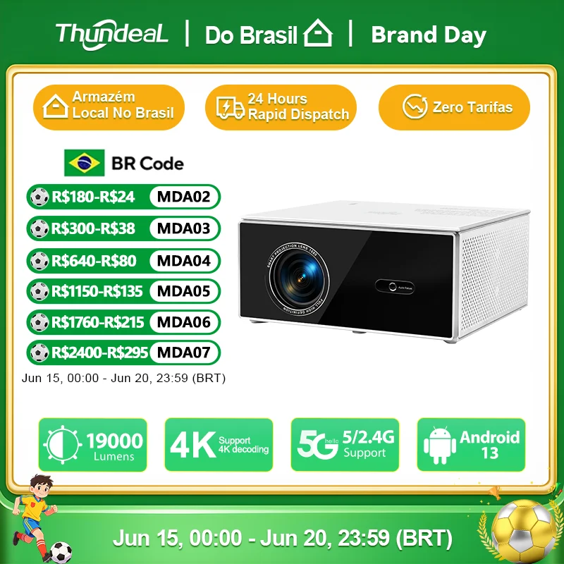 Projetor ThundeaL TDA7W Full HD 1080P Android WiFi 32G, Projetor 4K com Controle por Voz TDA7, Beamer 3D Smart TV para Home Theater