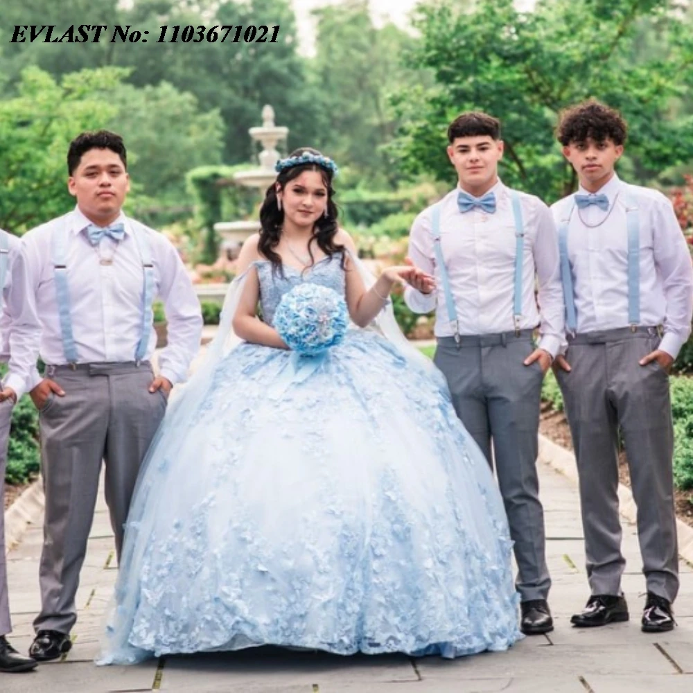 EVLAST Customized Blue Quinceanera Dress Ball Gown Lace Applique Beading Cape Corset Mexican Sweet 16 Vestidos De 15 Anos SQ504