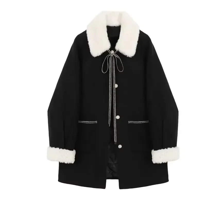 Lamb Wool Warm Winter Coat Women Long Jackets Turn-down Collar Single Breasted Pockets Korean Loose Female Thick Woolen Overcoat