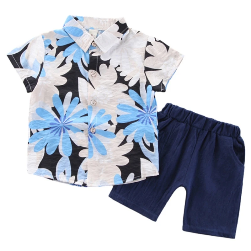 Children's Boy Shir tClothing Suit Summer Flower Print Short Sleeve Shirt Top+Pants 2pcs Short Sets Hawaiian Beach Style Outfits