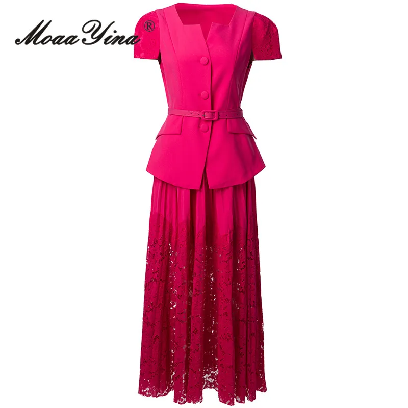 

MoaaYina 2025 Spring/Summer Round Neck Single breasted Top+Lace Hollow Skirt Belt Two Piece Set