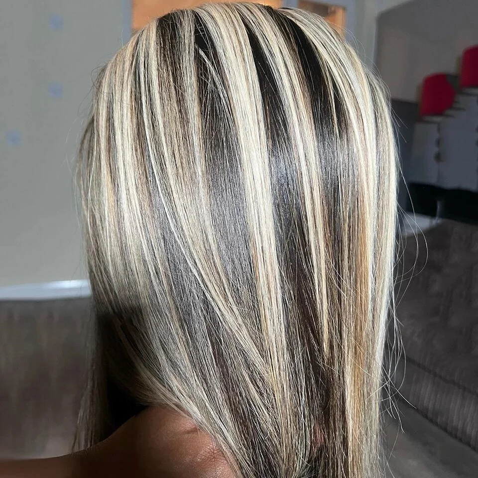 Soft highlight Blond Straight Hair 150 density and 13×4 100%human hair wig lace front wig, with baby hair pre plucked view 3