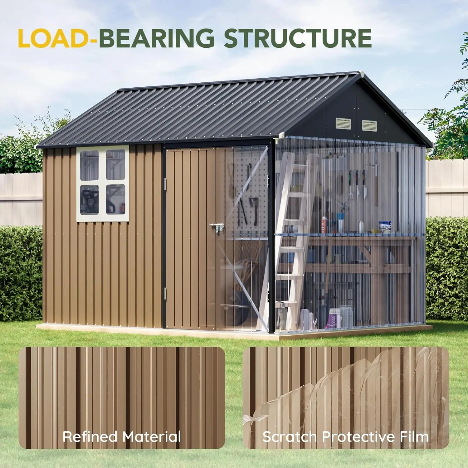 سقيفة تخزين فولاذية خارجية 8X10FT مع نافذة شفافة، أبواب قابلة للقفل، سقيفة أدوات معدنية مقاومة للطقس للحديقة #5